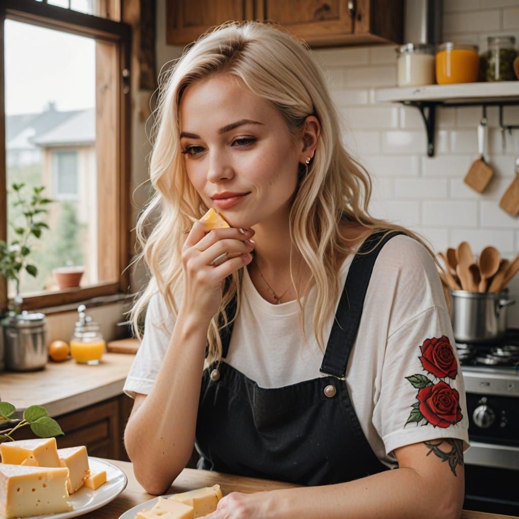 Blonde Woman with Rose Tattoo Eating Cheese
