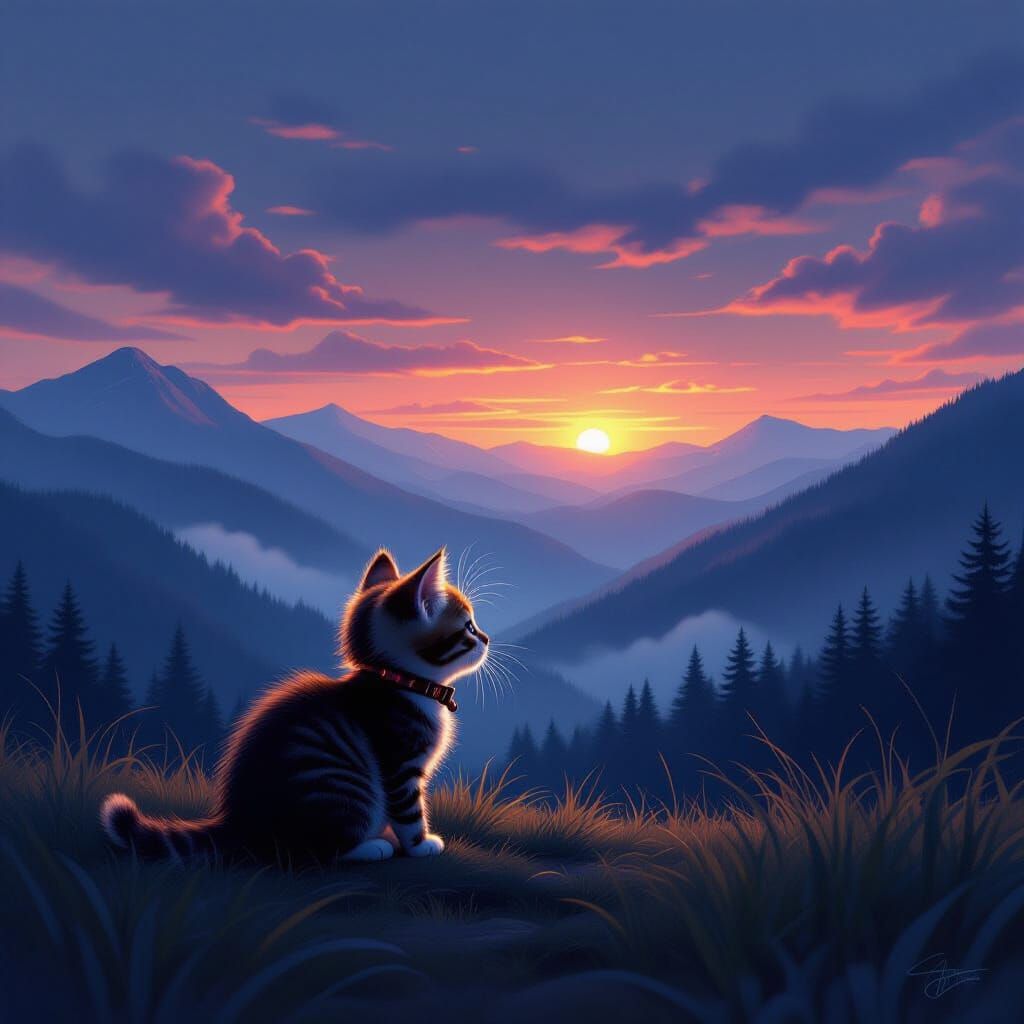Kitten Plays in a Serene Mountain Landscape