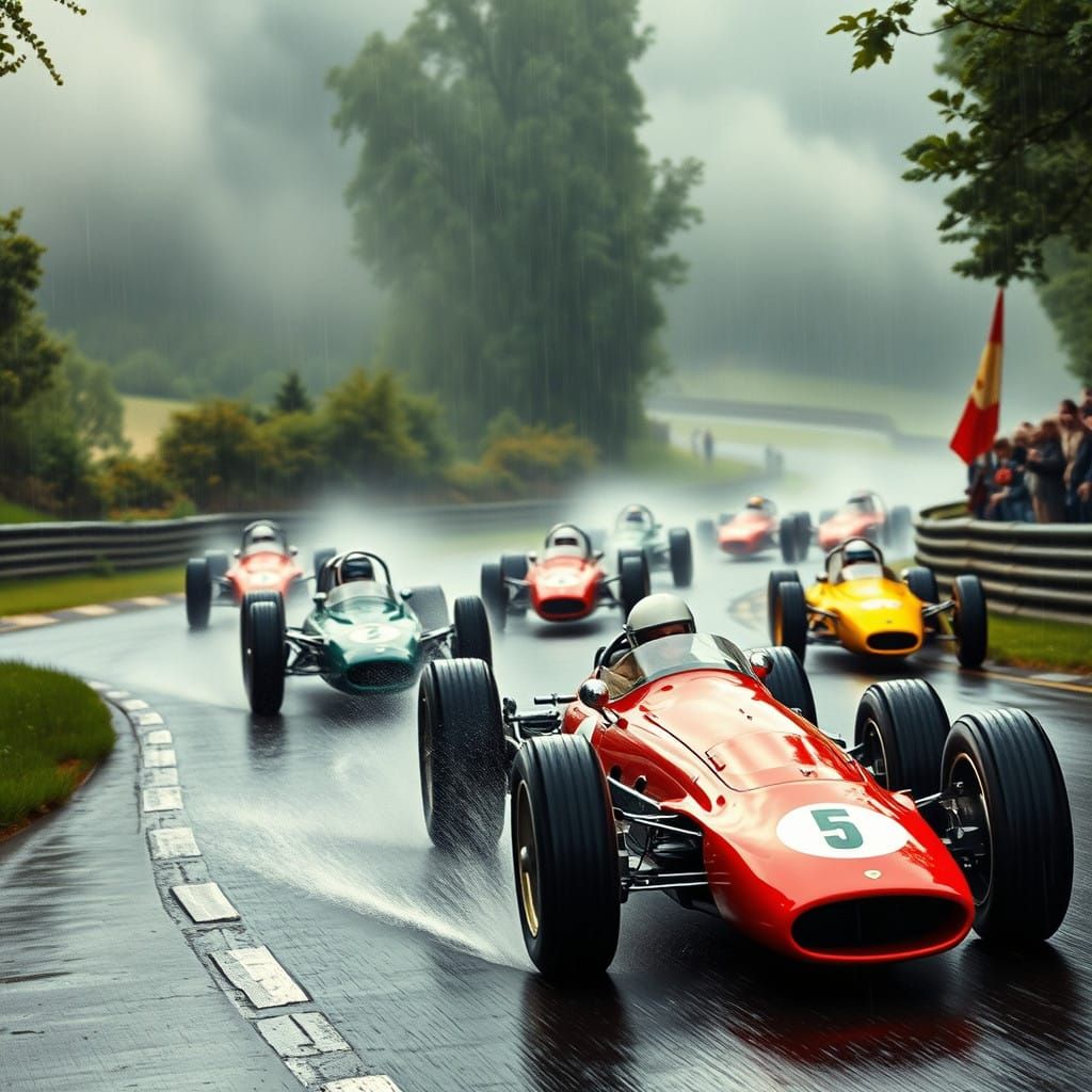 Vintage F1 Cars Speed Through Rainy Eau Rouge Corner