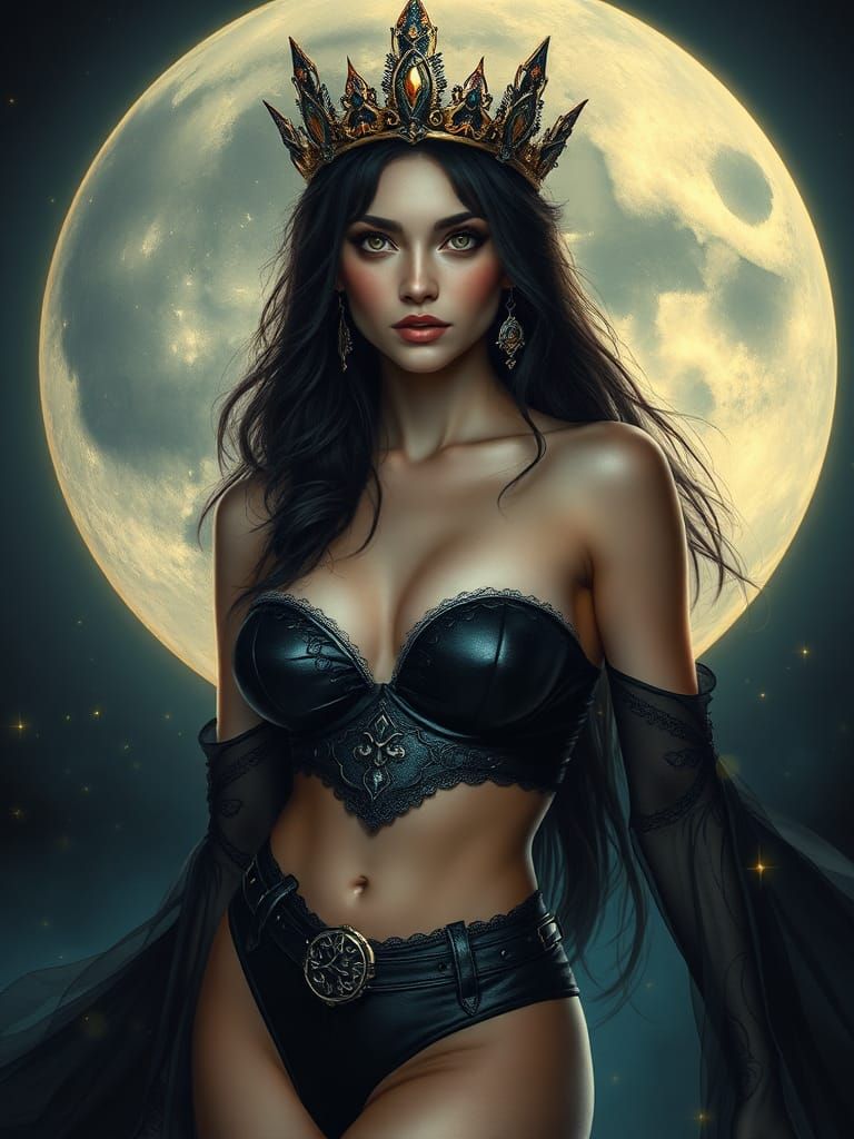 Goddess in Leather Bikini Under Full Moon