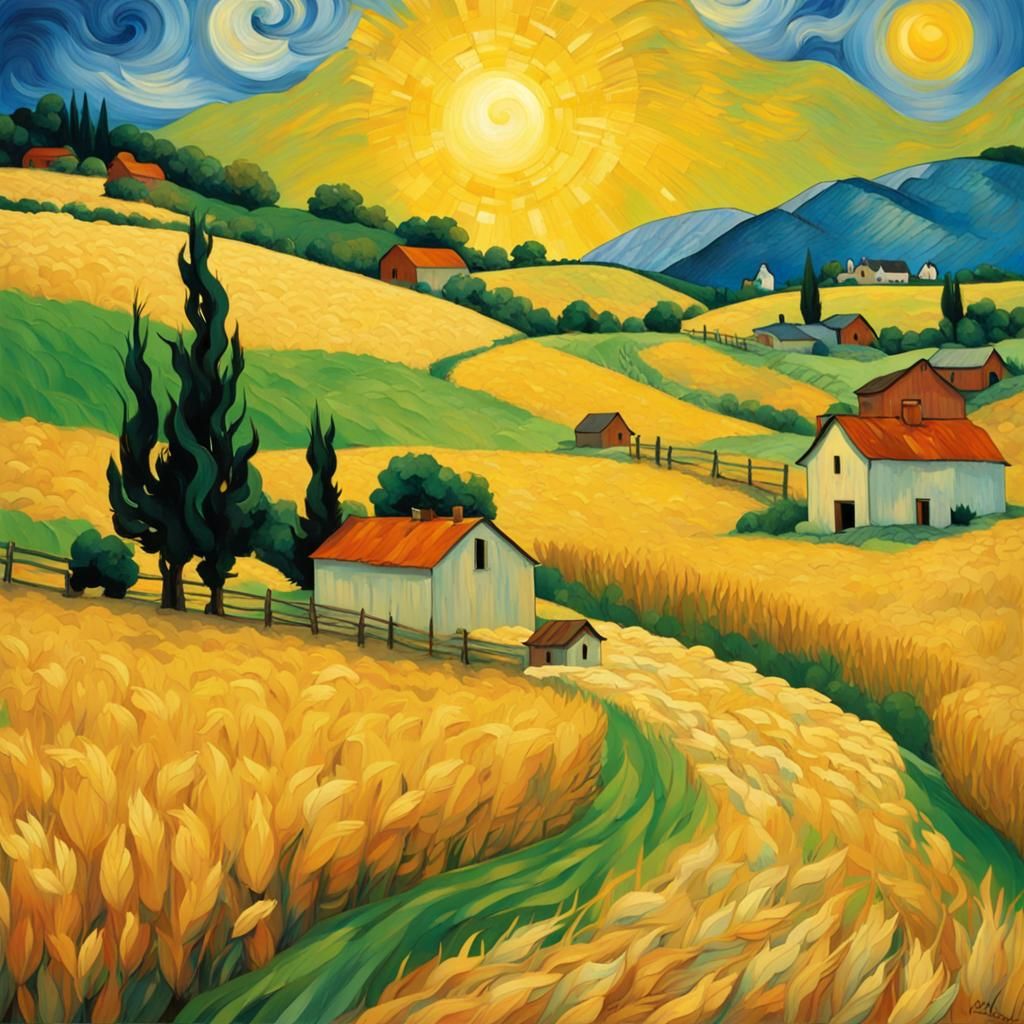 Countryside Farm in Van Gogh Inspired Style