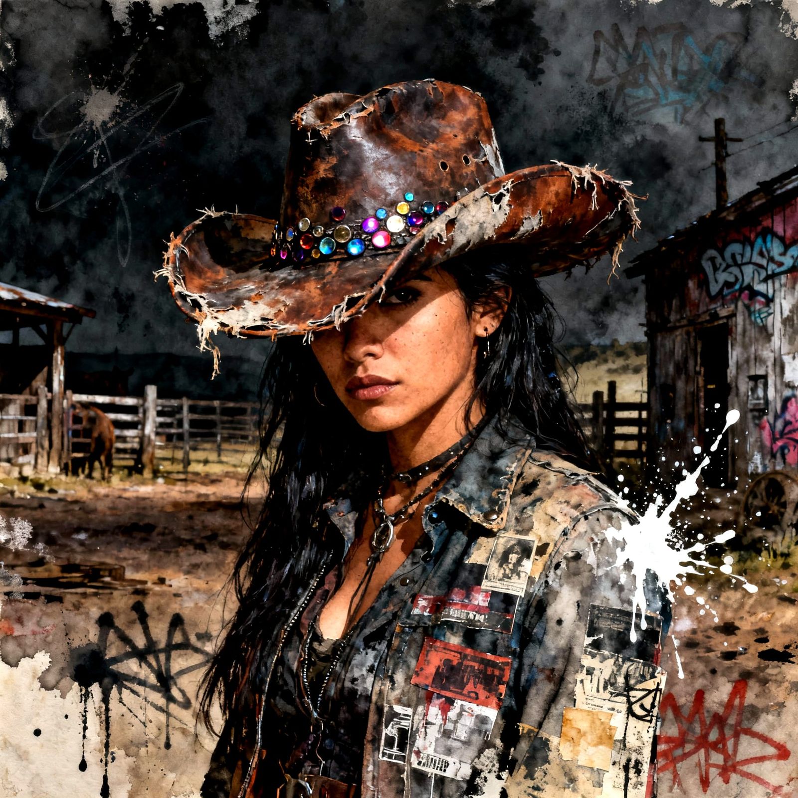 Hispanic Cowgirl in Abstract Punk Dieselpunk Western Scene