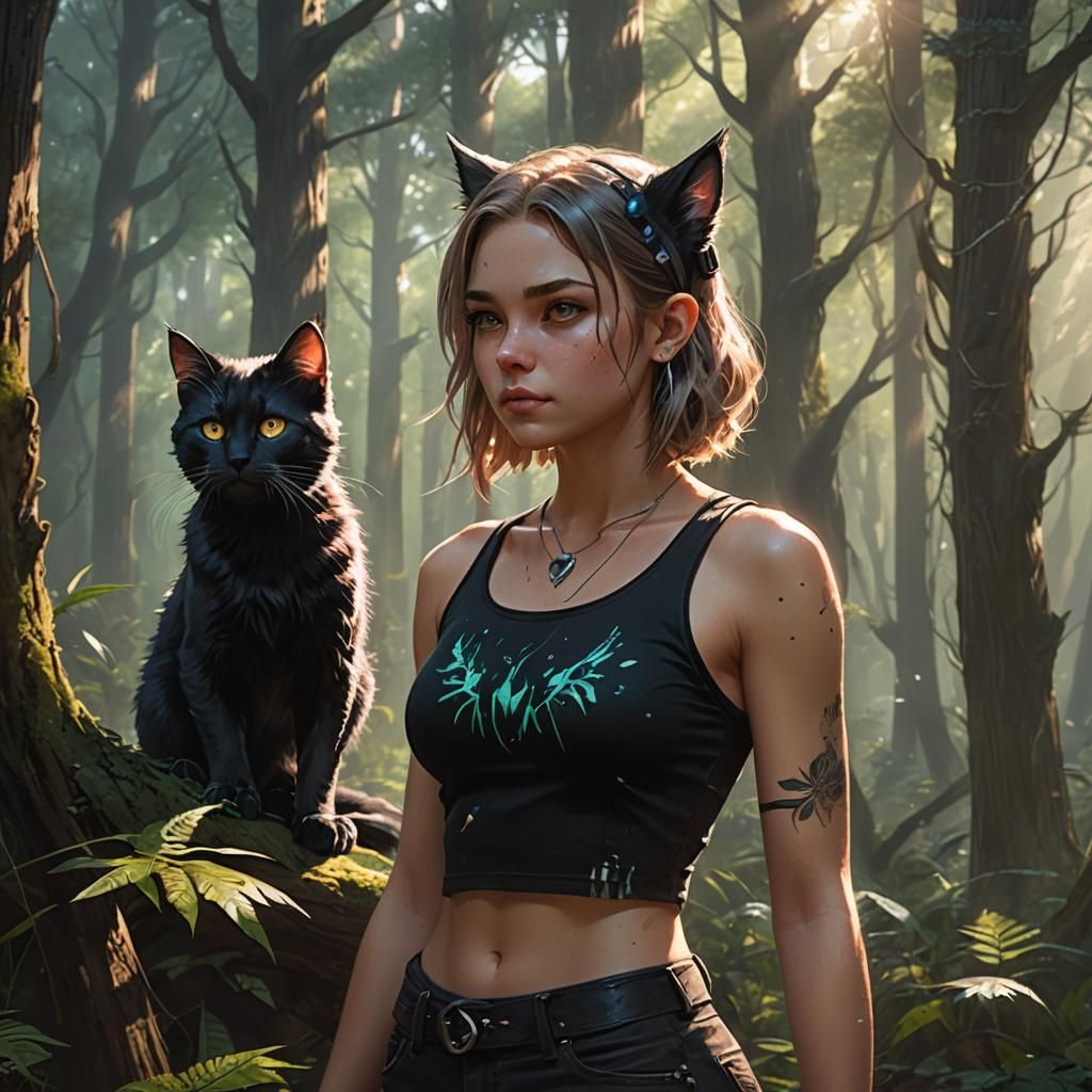 Teenage Kitten Girl in Mystical Forest: Fantasy Illustration