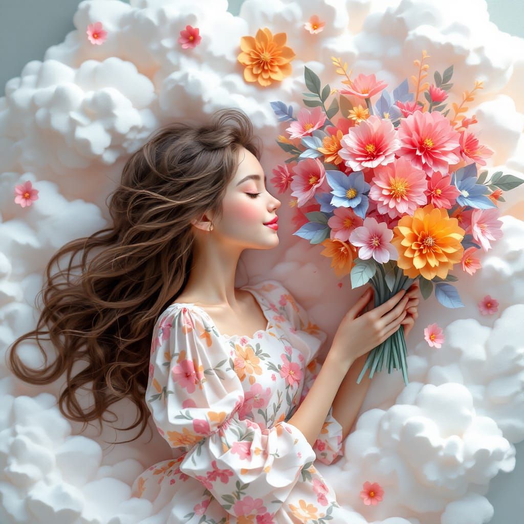Girl on Cloud Holding Flower Bouquet in Origami Style