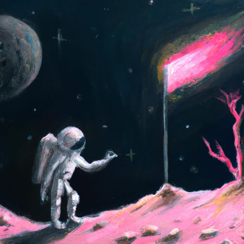 Ethereal Astronaut Planted Flag on Glittery Moon in Romantic...