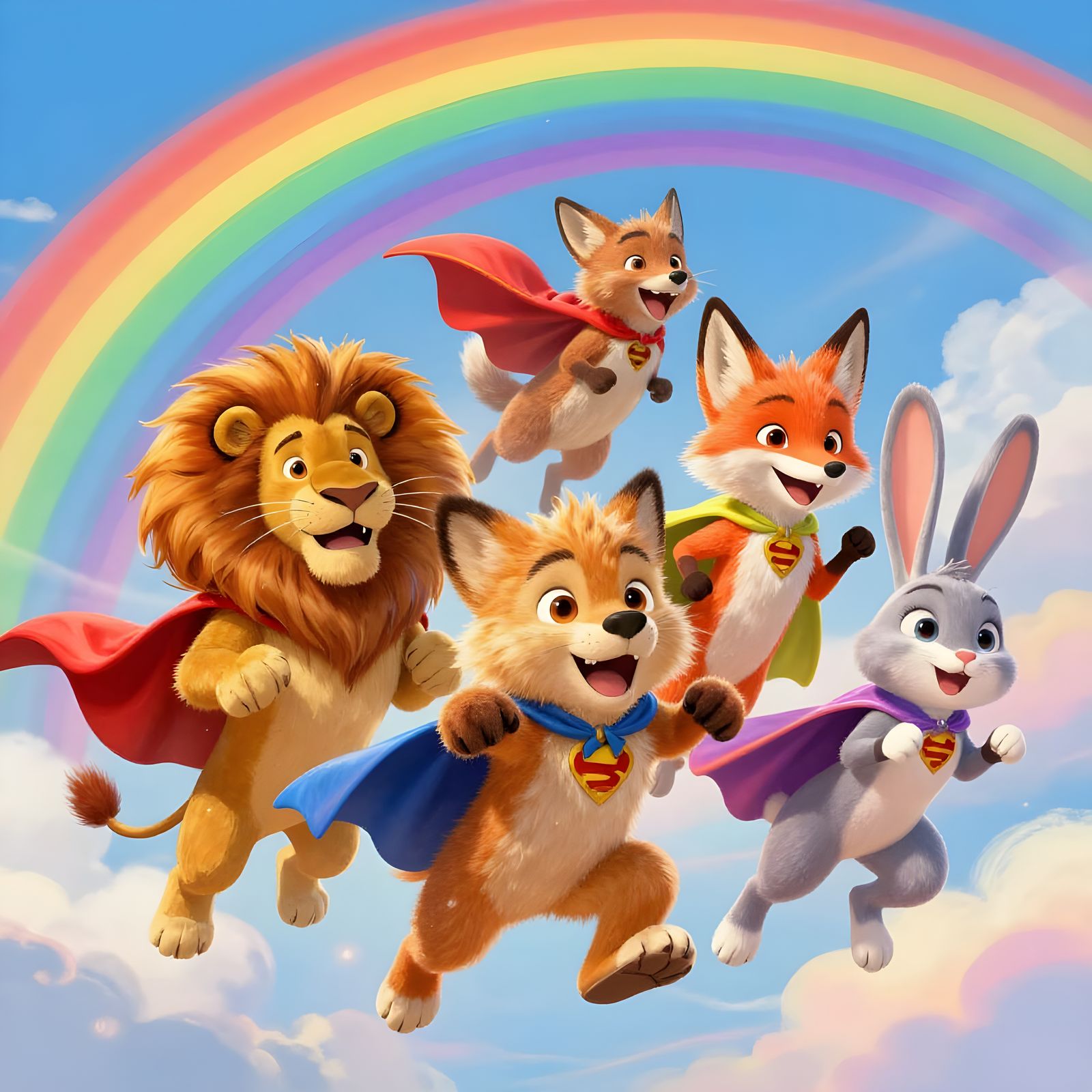Animals in Superhero Capes Flying Through Rainbow Sky