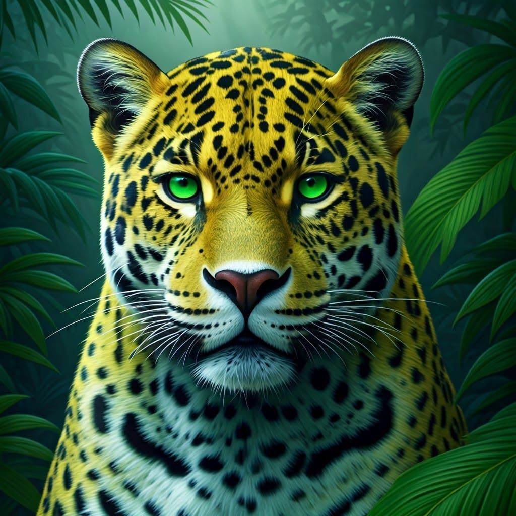 Green Jaguar in Dense Jungle, Hyperrealistic Art