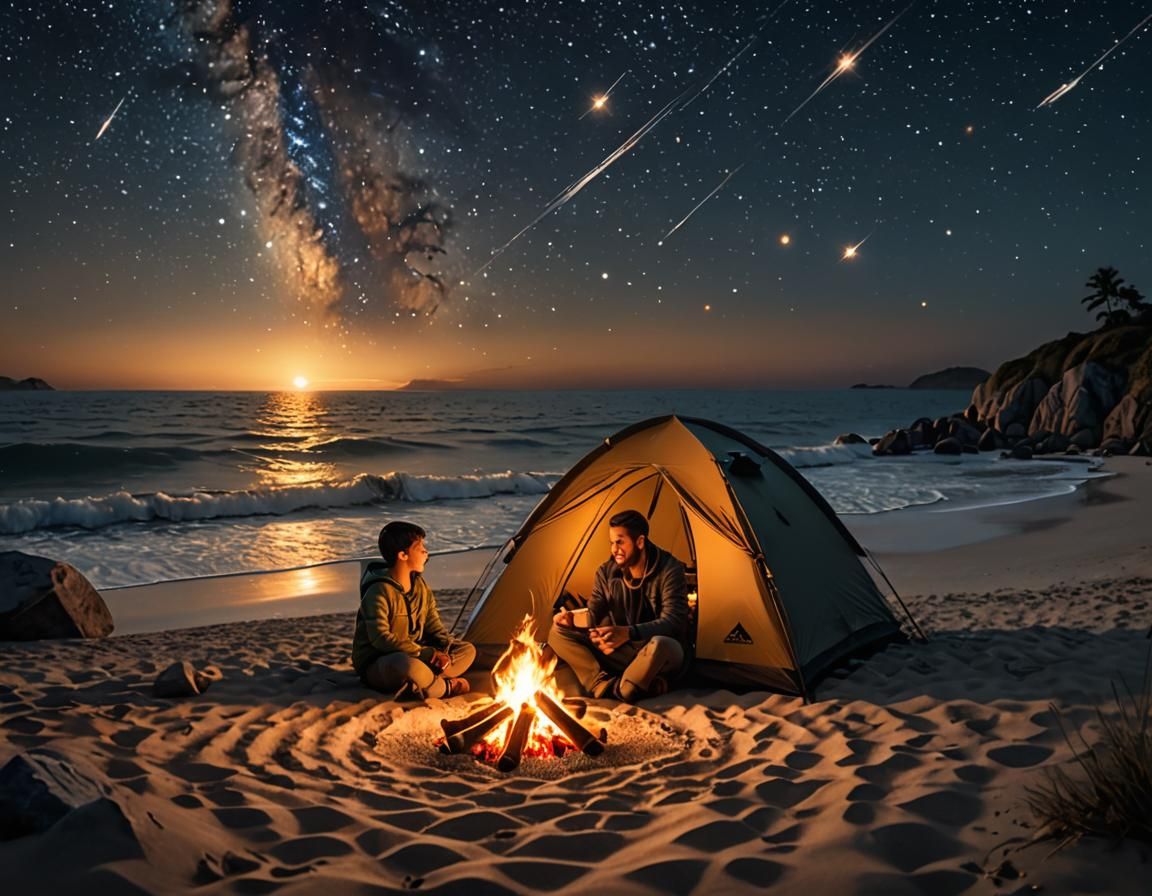 father and son camping on the beach