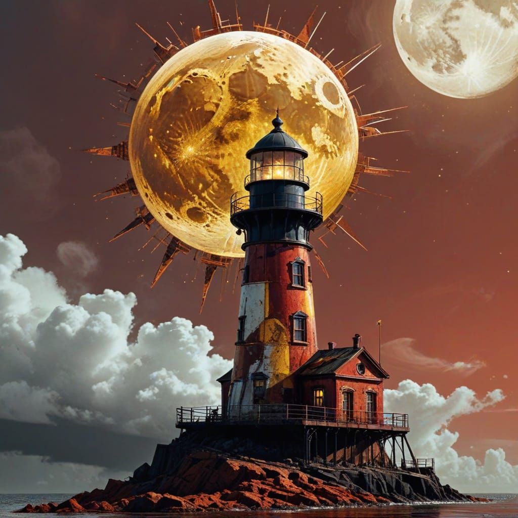 Steampunk Moon and Lighthouse in Scrappunk Style