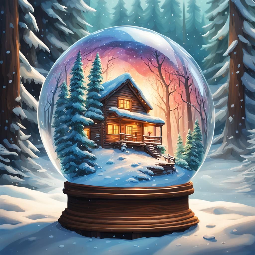 Snow Globe with Winter Forest: Hyperrealistic Splash Art