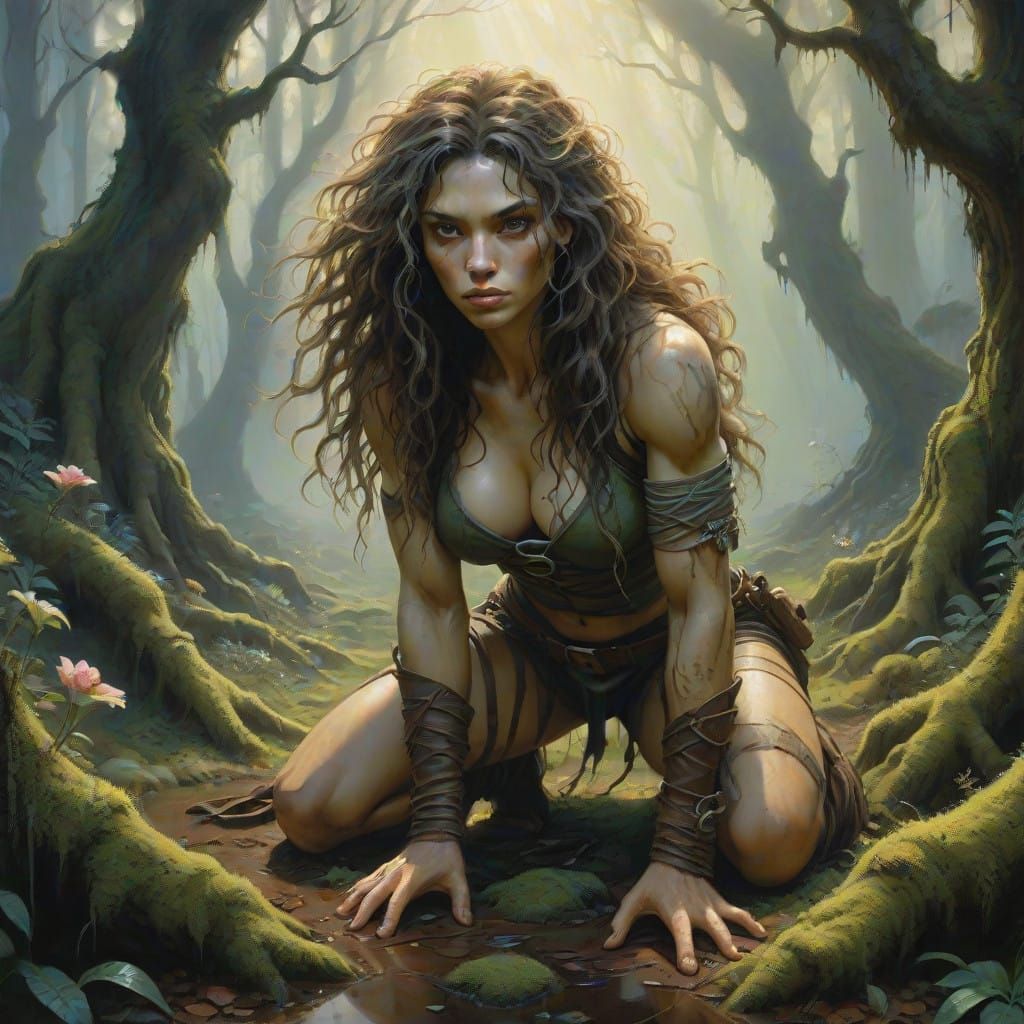 Ethereal Huntress in a Dark, Mystical Forest