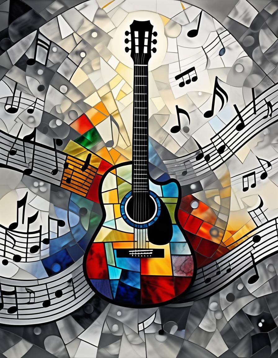 Stained Glass Guitar Over Music Notes