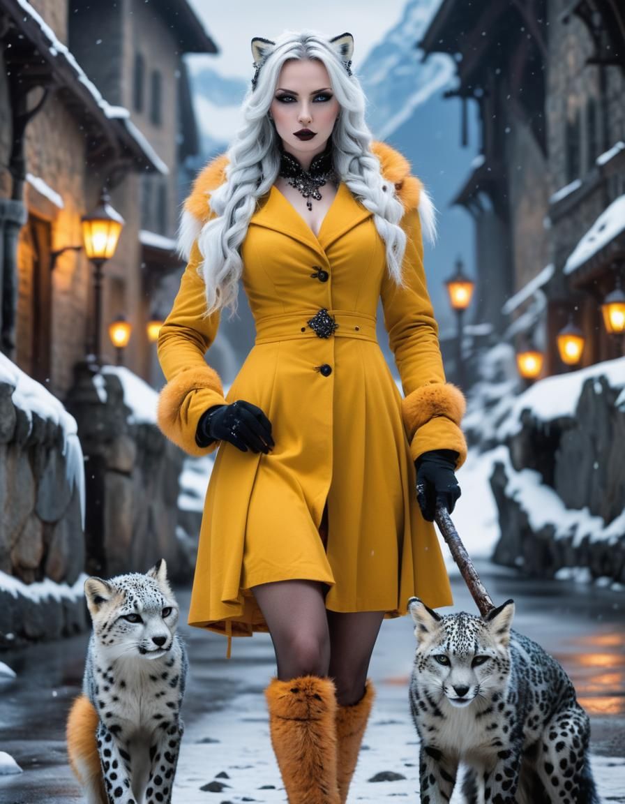 Gothic woman taming  snow fox-leopard ,  ice mountain backgr...