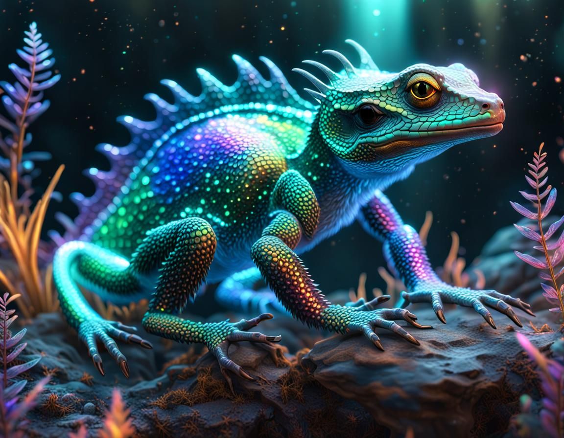 Holographic Gecko with Fluorescent Iridescence