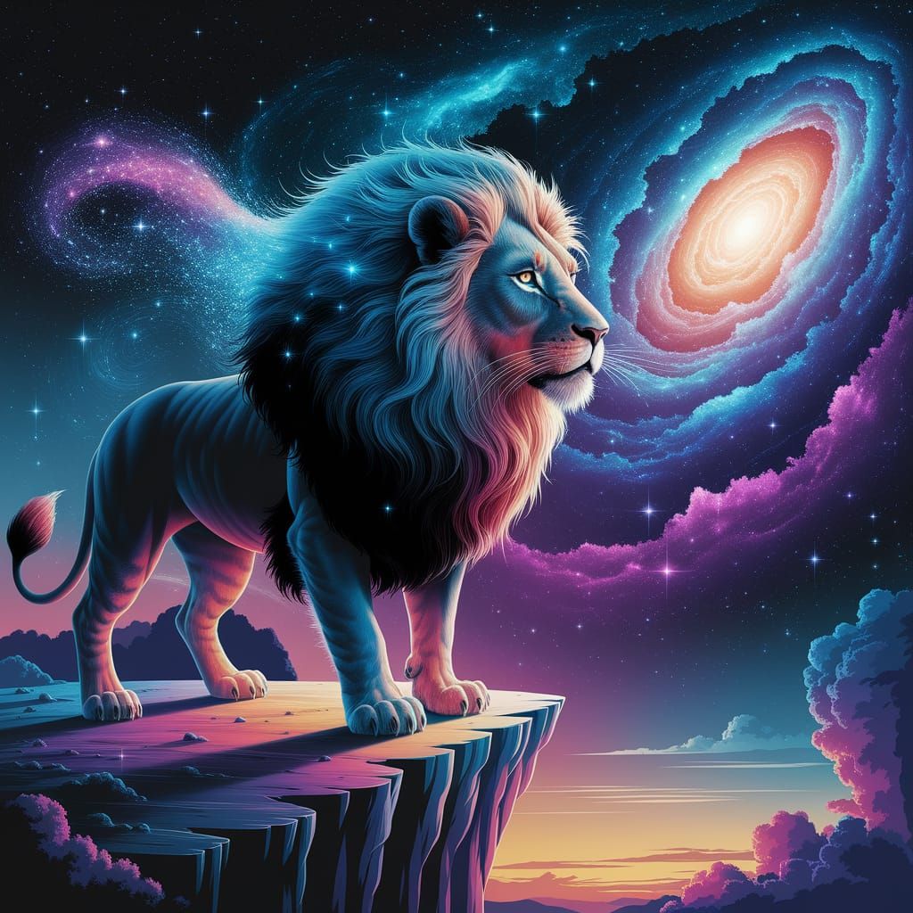 Surreal Lion Amidst Galaxy of Swirling Colors