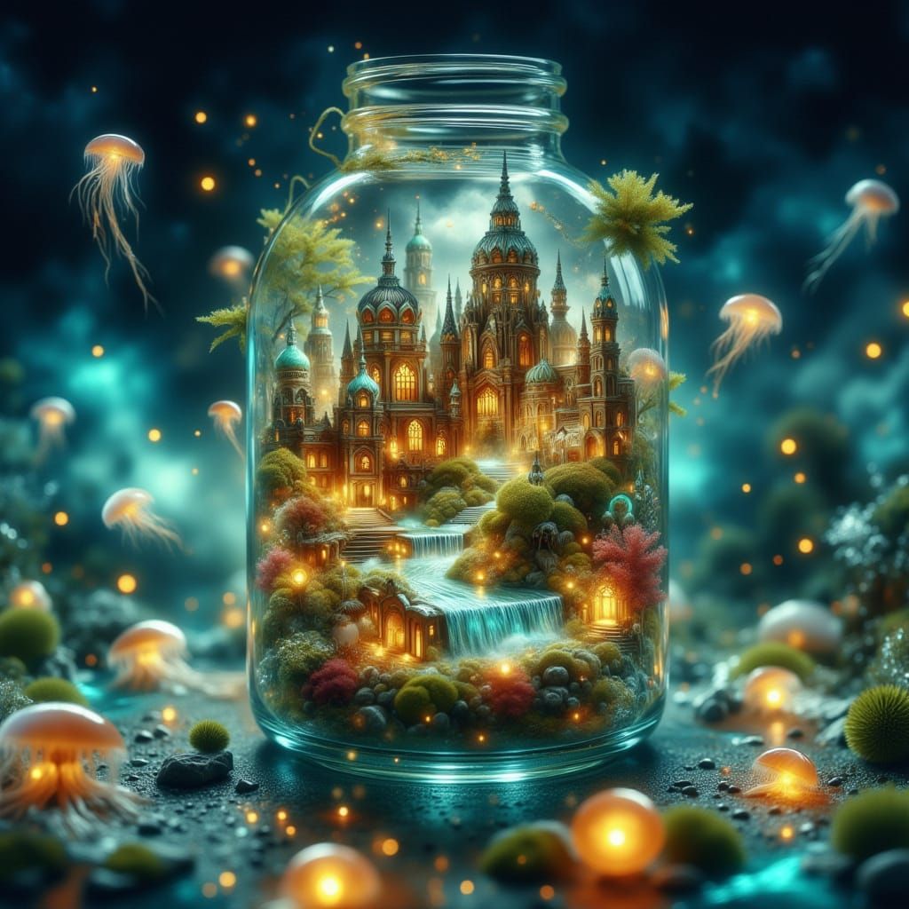Miniature Golden City in a Bottle on Bioluminescent Ocean