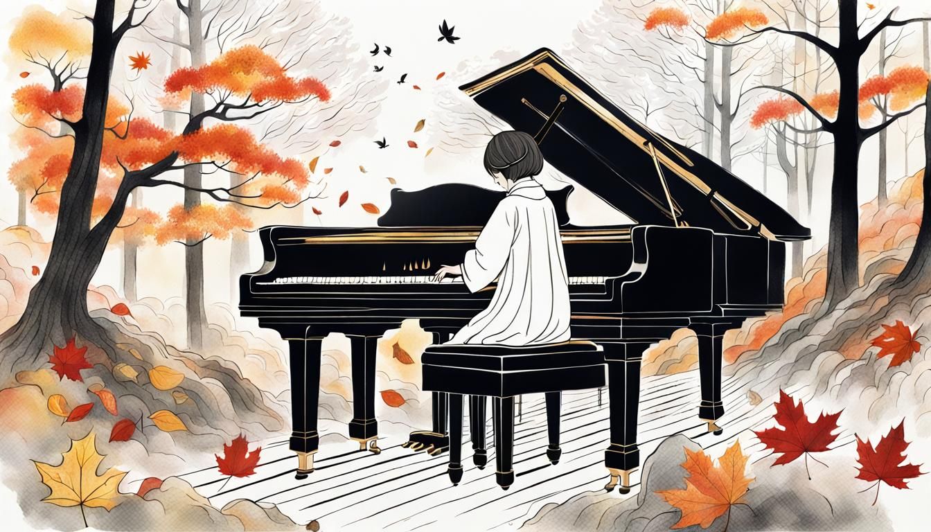 Japanese Woman Plays Piano in Autumn Forest