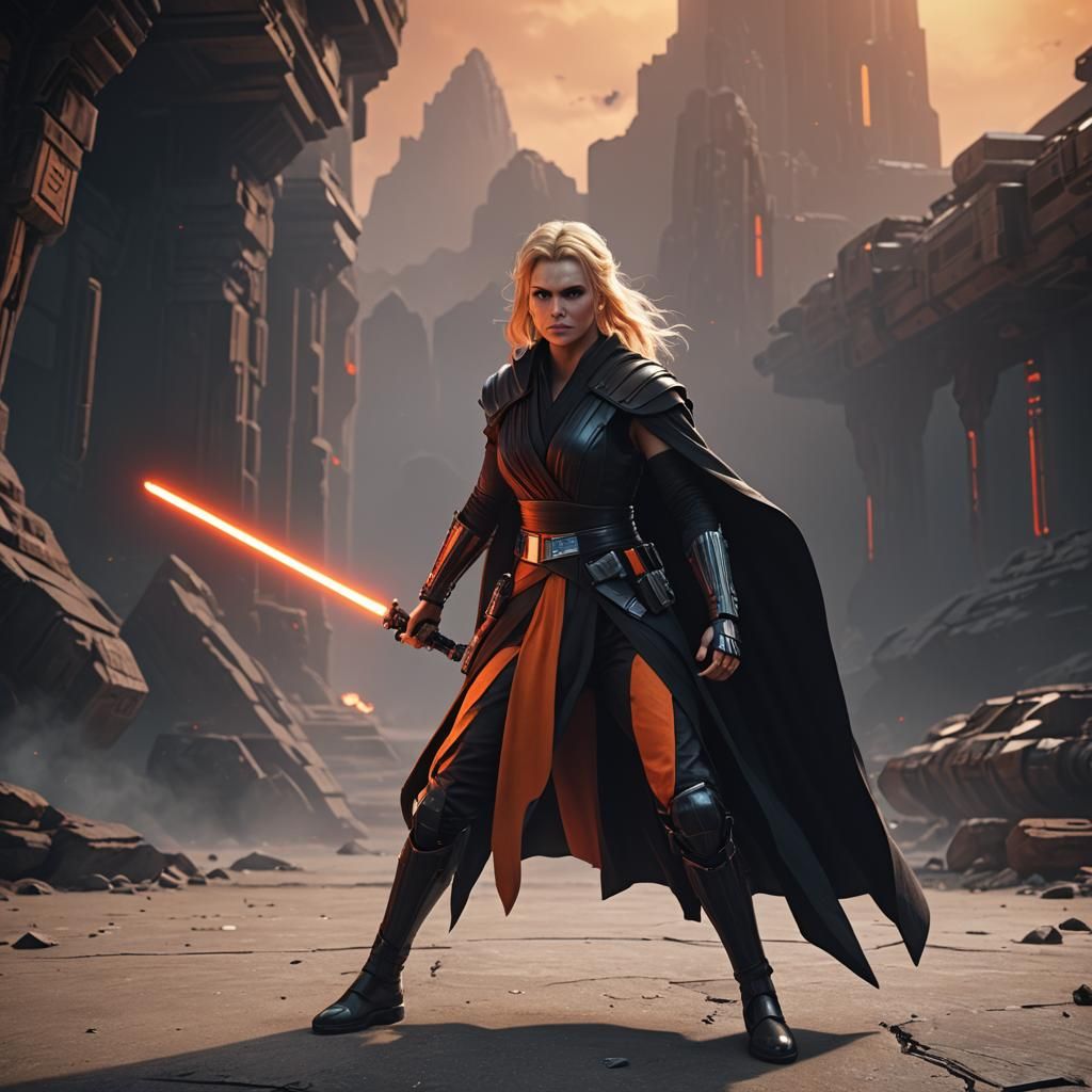 Blonde Female Sith Lord with Orange Lightsaber