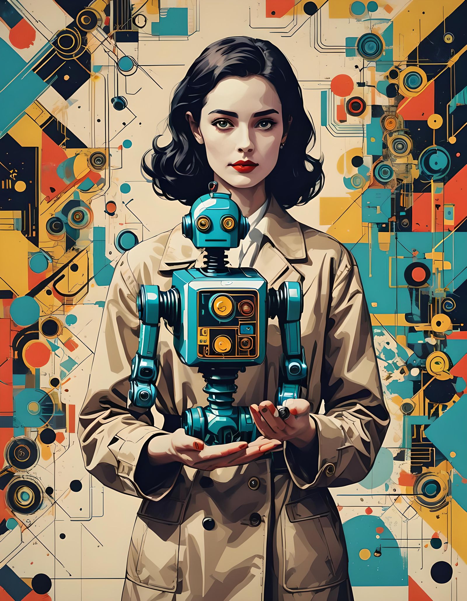 Woman with Robot Translator in Pop Art Style