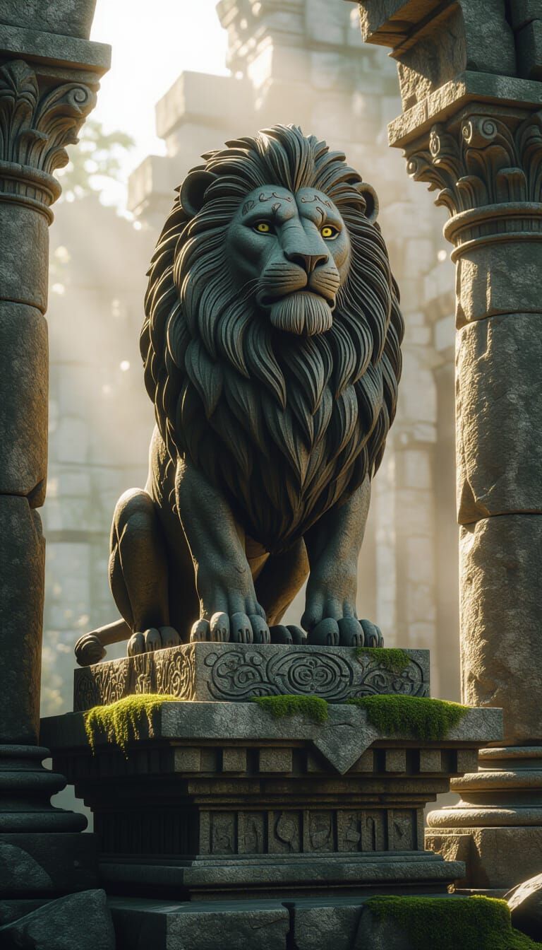 Majestic Lion Sculpture with Glowing Tribal Markings
