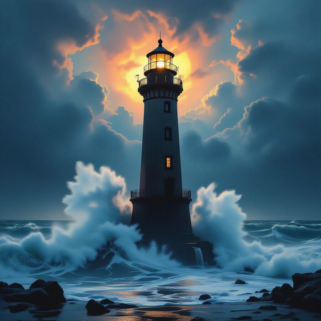 Surreal Lighthouse in Stormy Weather, Dark Surrealism