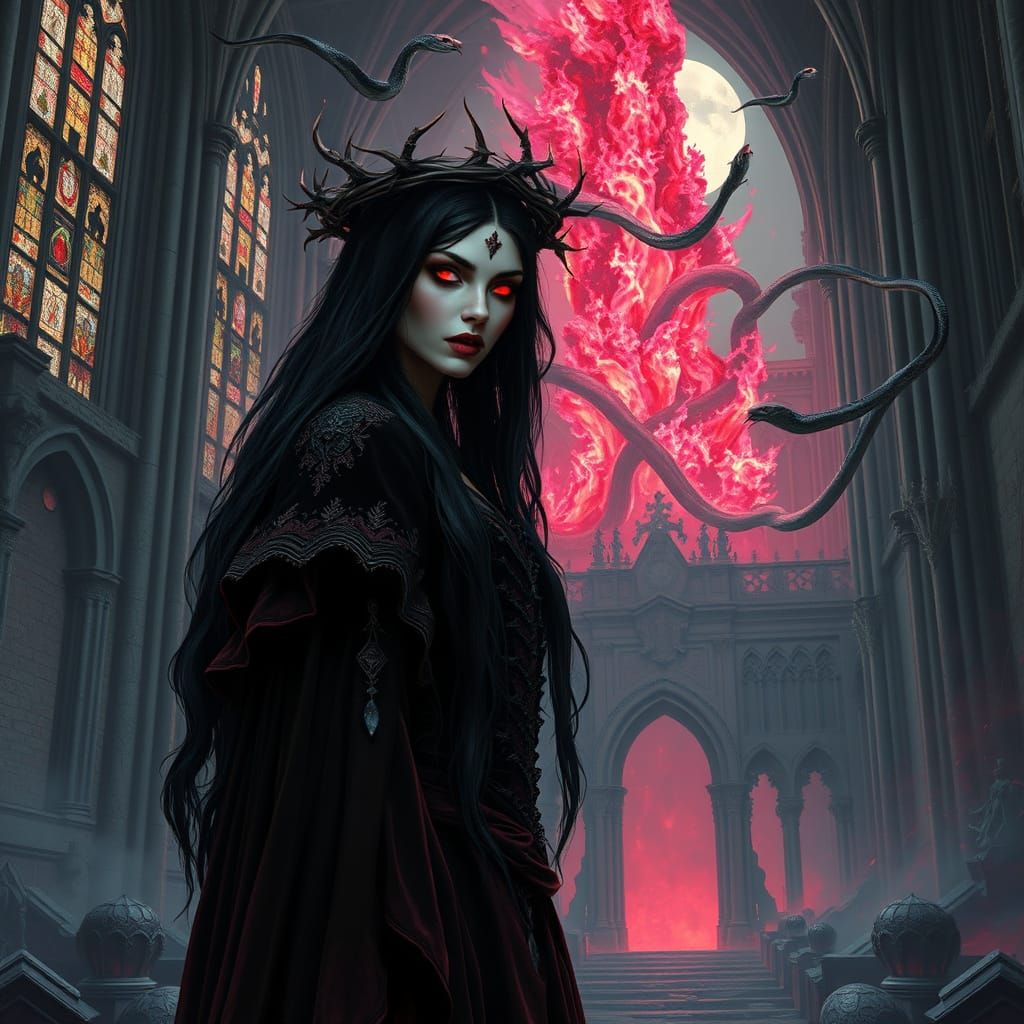 Gothic Vampire Queen in Desecrated Cathedral