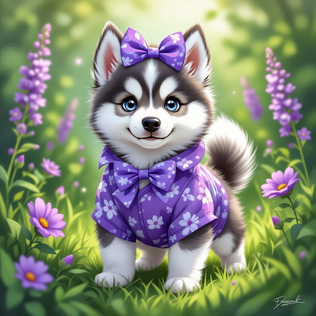 Adorable Husky Puppy in Floral Jumpsuit with Blue Eyes