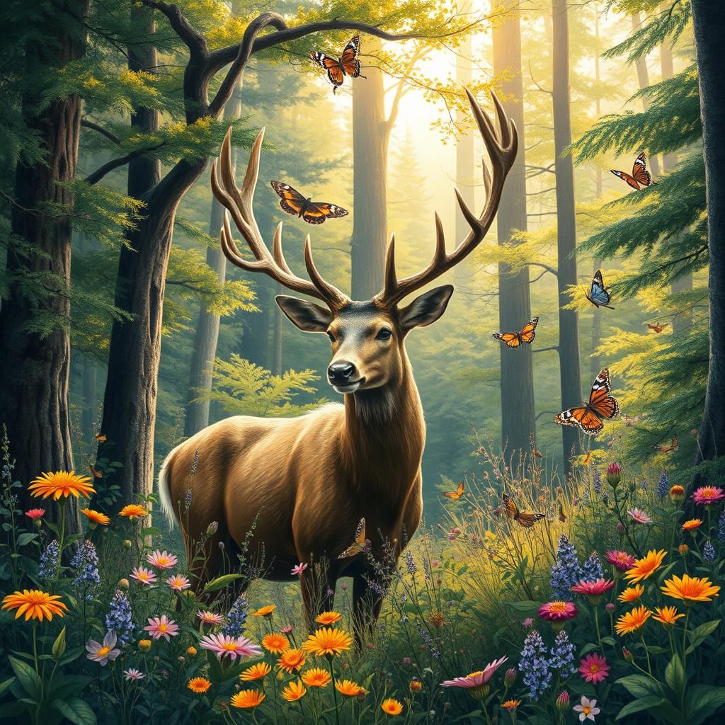 Majestic Stag in Lush Forest, Whimsical Style