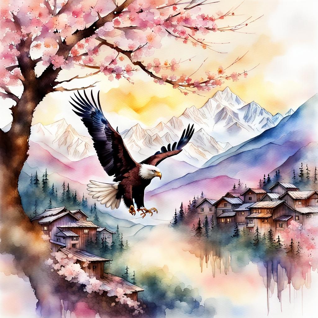 Eagle and Himalayan Village in Watercolour Style
