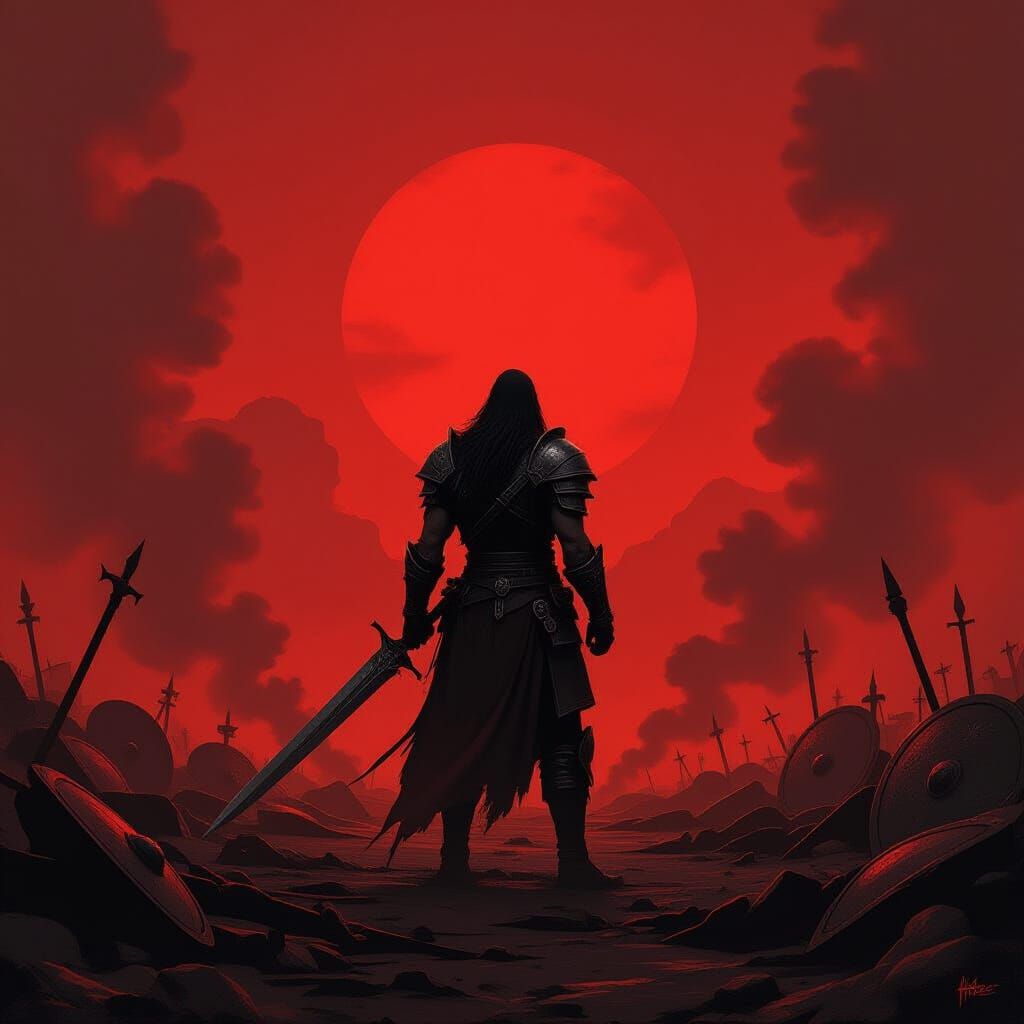 Elf Warrior Against Blood-Red Sky in Dark Fantasy Art