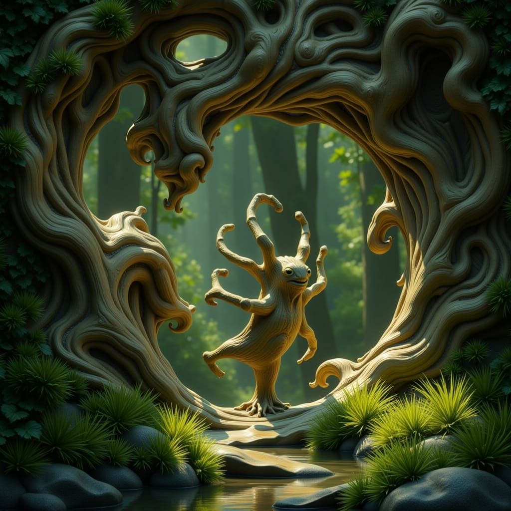 Intricate Wood Sculpture with Textural Grain