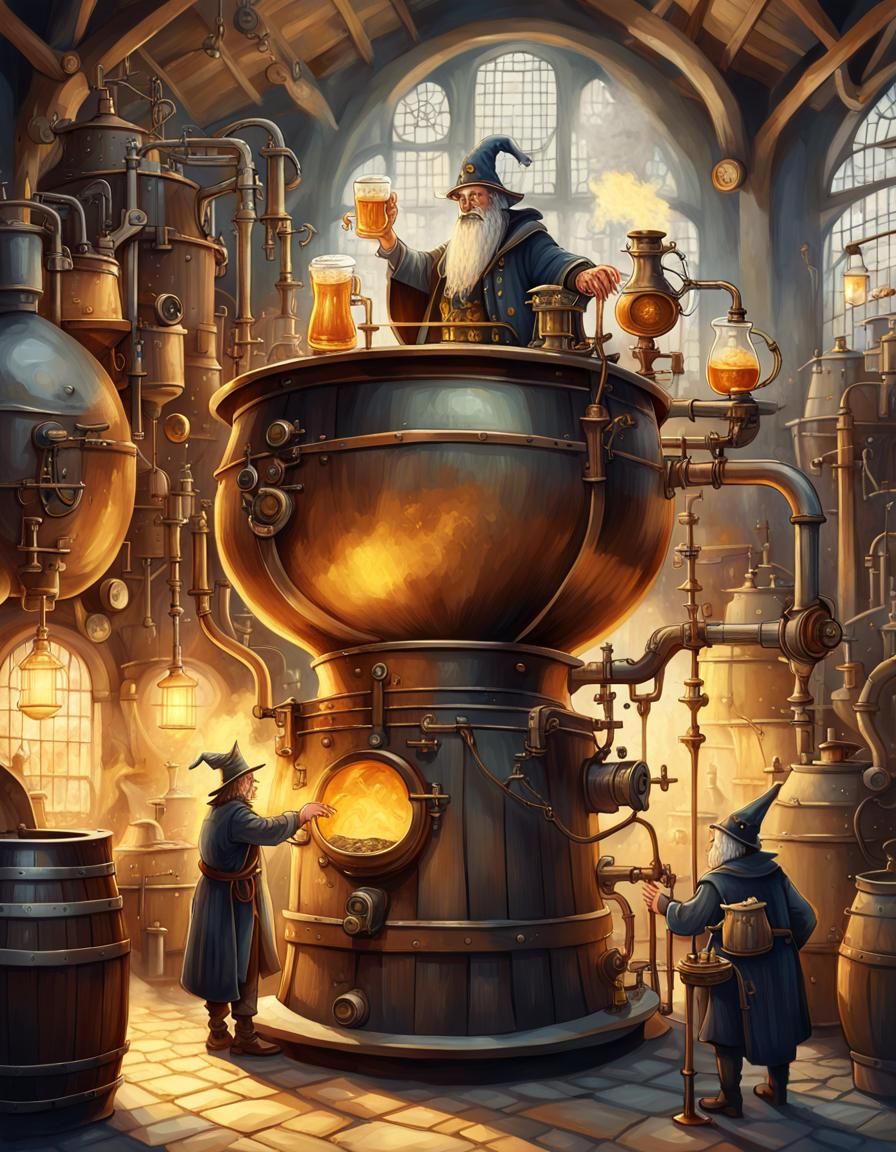 Magical Ale Wizard in Steampunk Distillery
