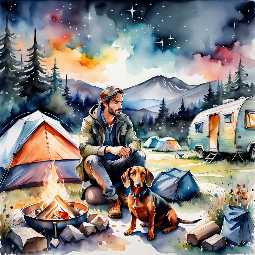 Watercolor Painting of Man Camping with Dachshund
