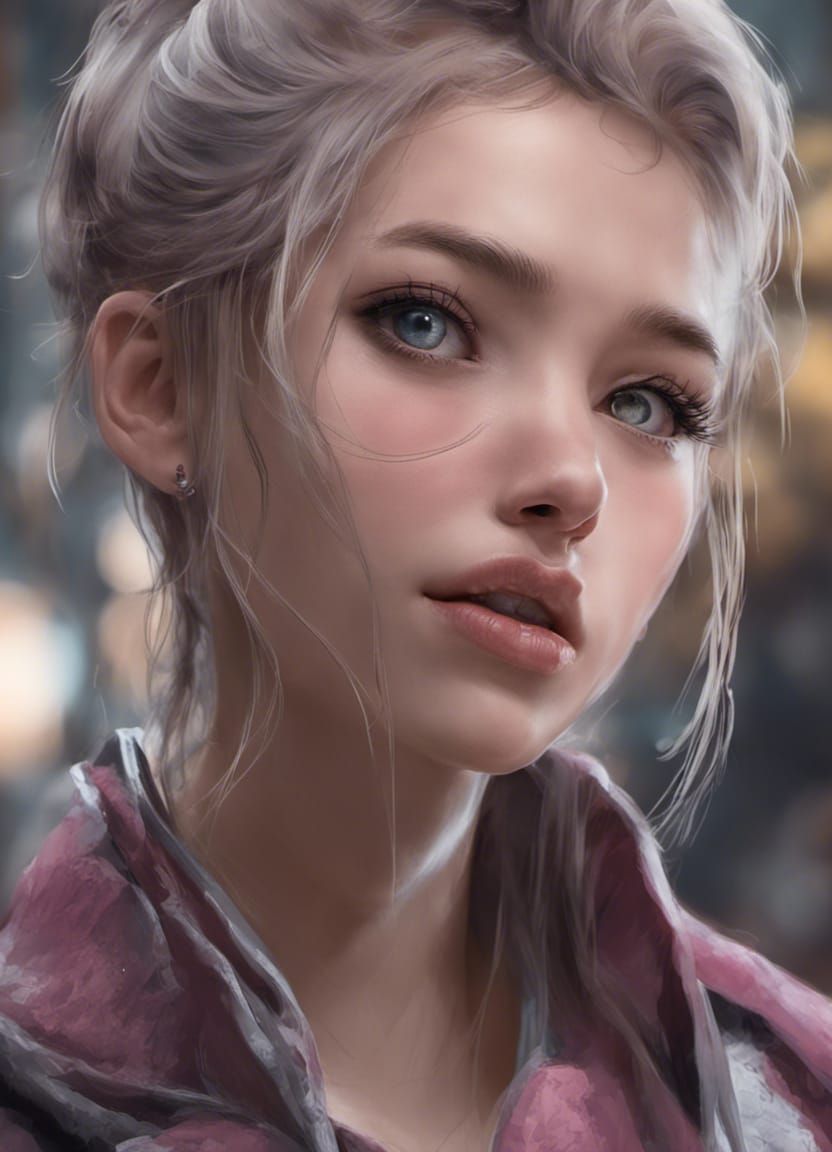 Woman in Pink Top on Busy Street: Acrylic Painting