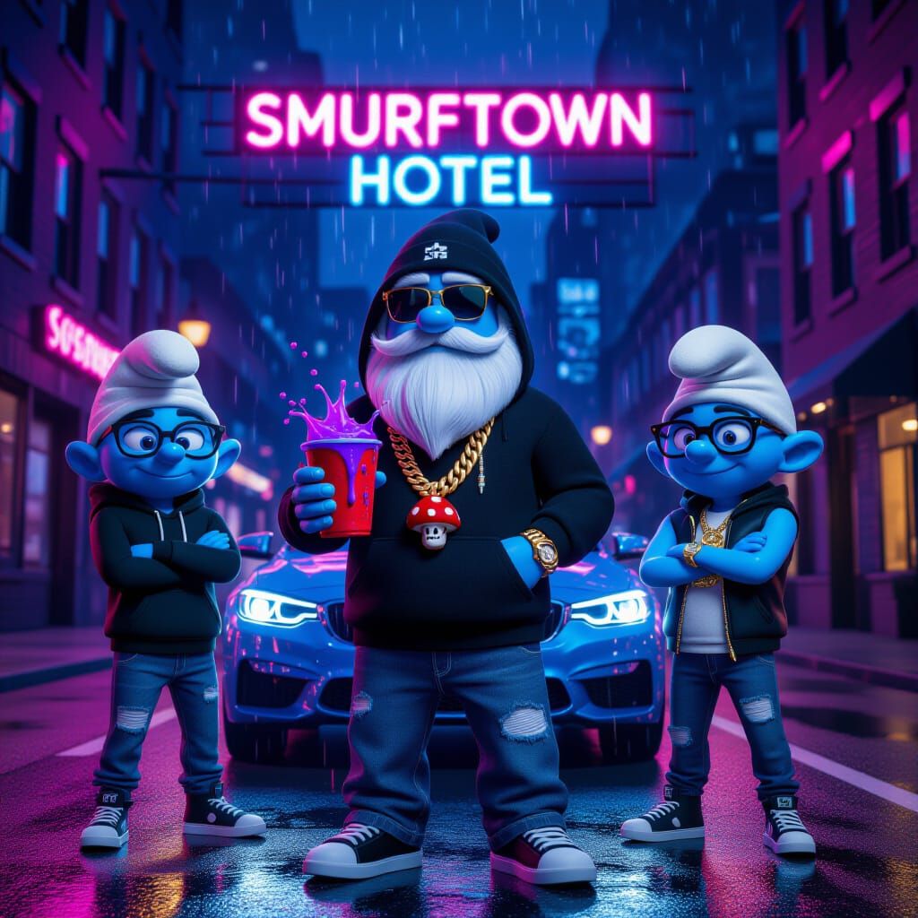 Smurf-Inspired Characters in Neon City Street Movie Poster