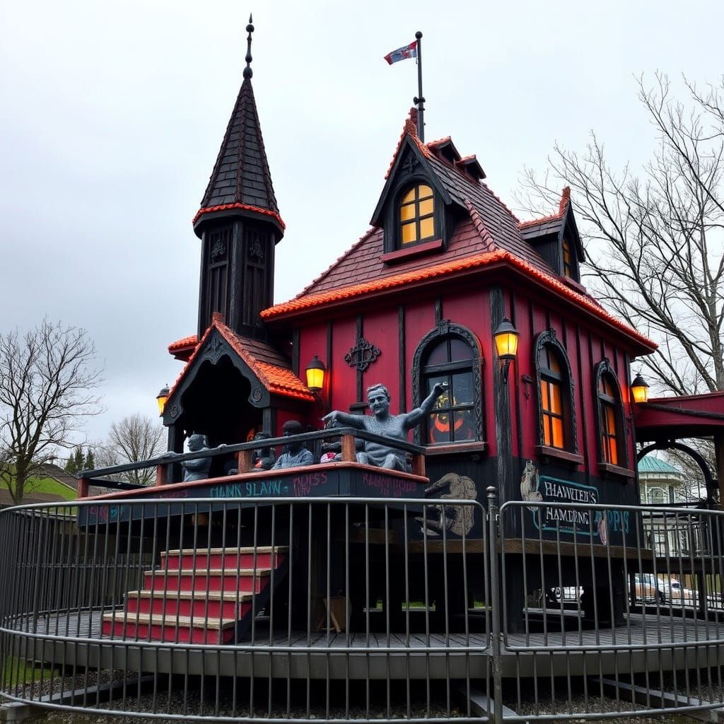 Haunted House Amusement Park Ride at Night