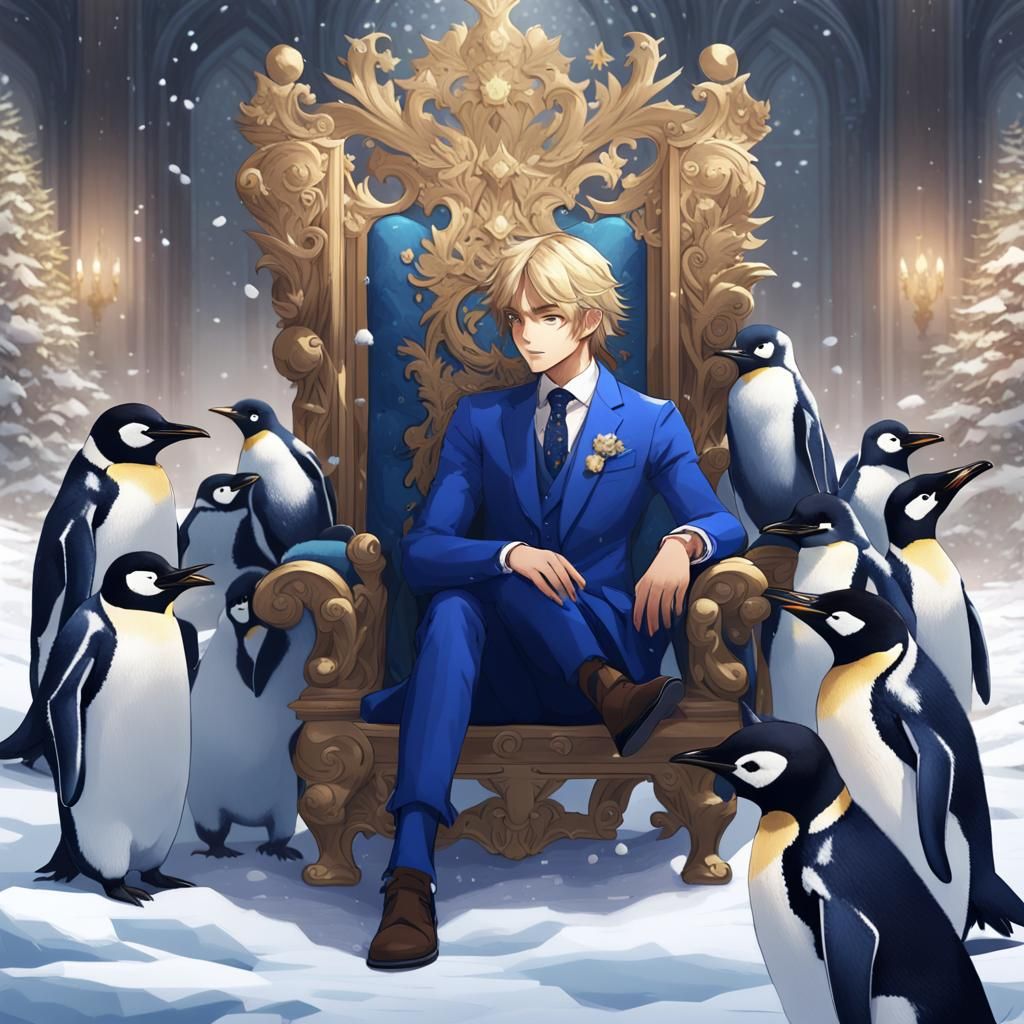 Prince with Penguins in Anime Style