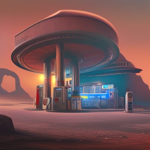 Retro Gas Station on Mars: Detailed Matte Painting