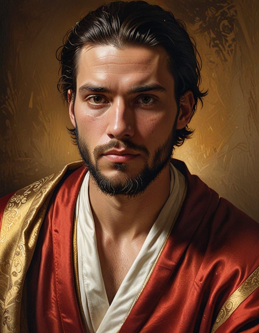 Serious Young Man in Elegant Red Robe