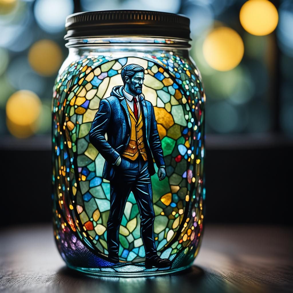 Stained Glass Figure in Jar with Bokeh Effect