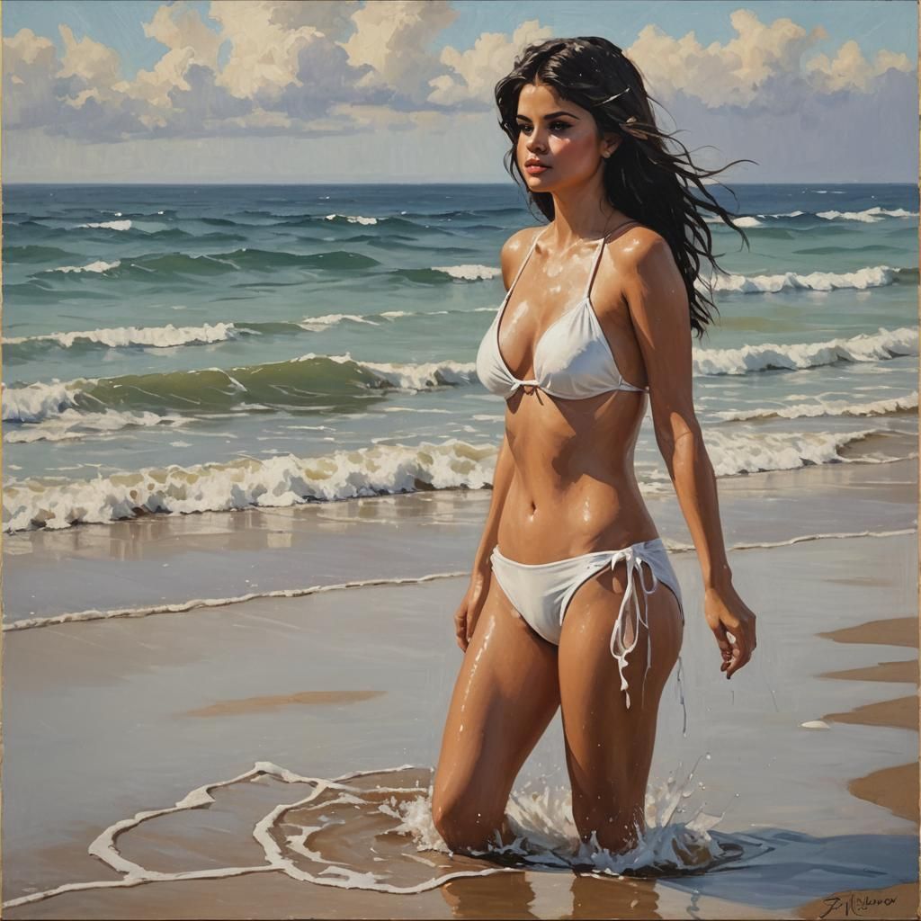 Selena Gomez in Wet Bikini, Oil Painting