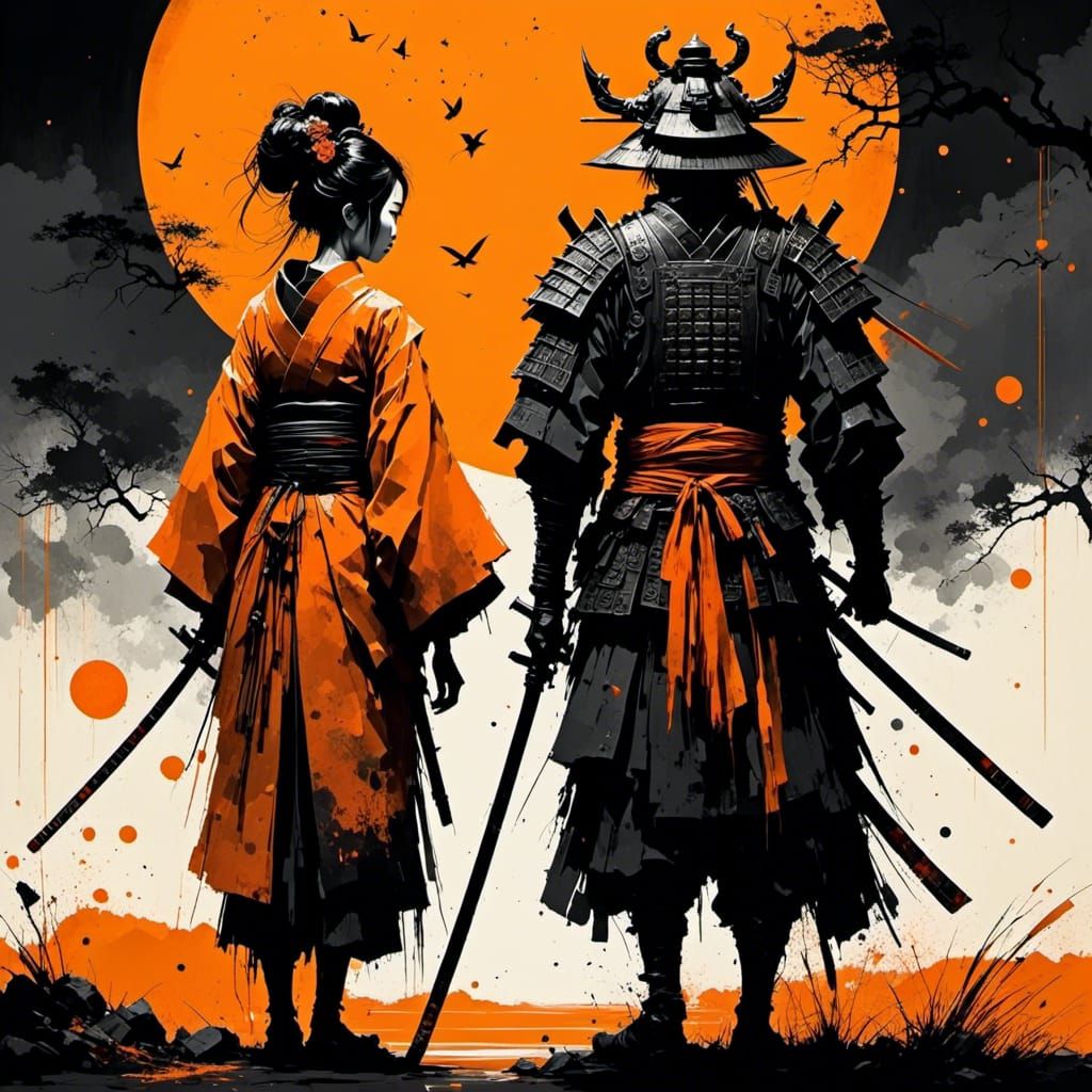Samurai and Geisha Silhouette in Horror Art Style