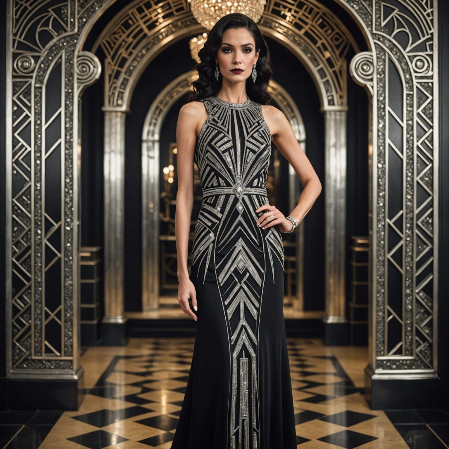Art Deco Woman in Silver and Onyx Gown