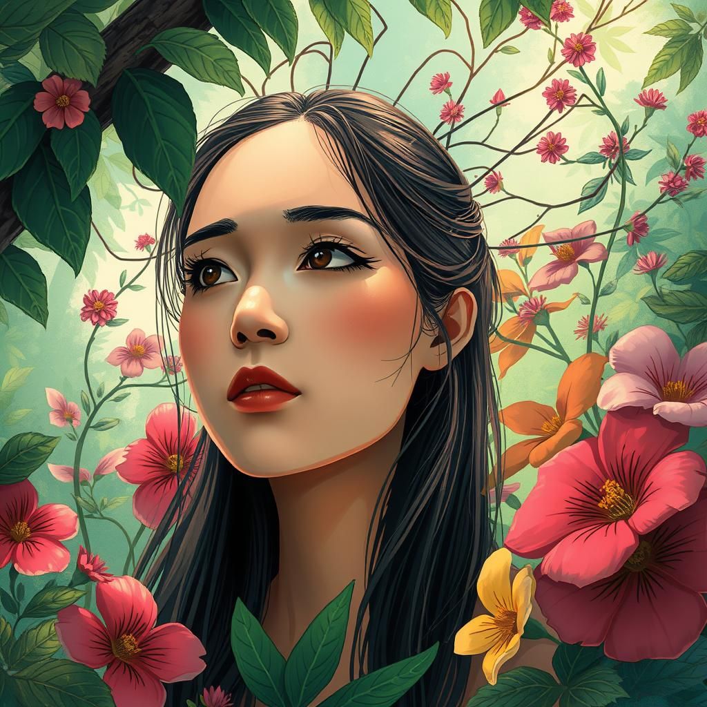 Contemplative Woman in Lush Garden, Dreamlike Art