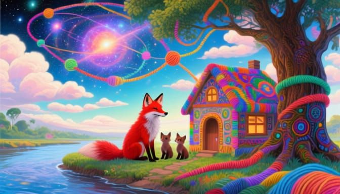 Cosmic Thread Universe: Fox Family in Luminous Riverbank Hom...