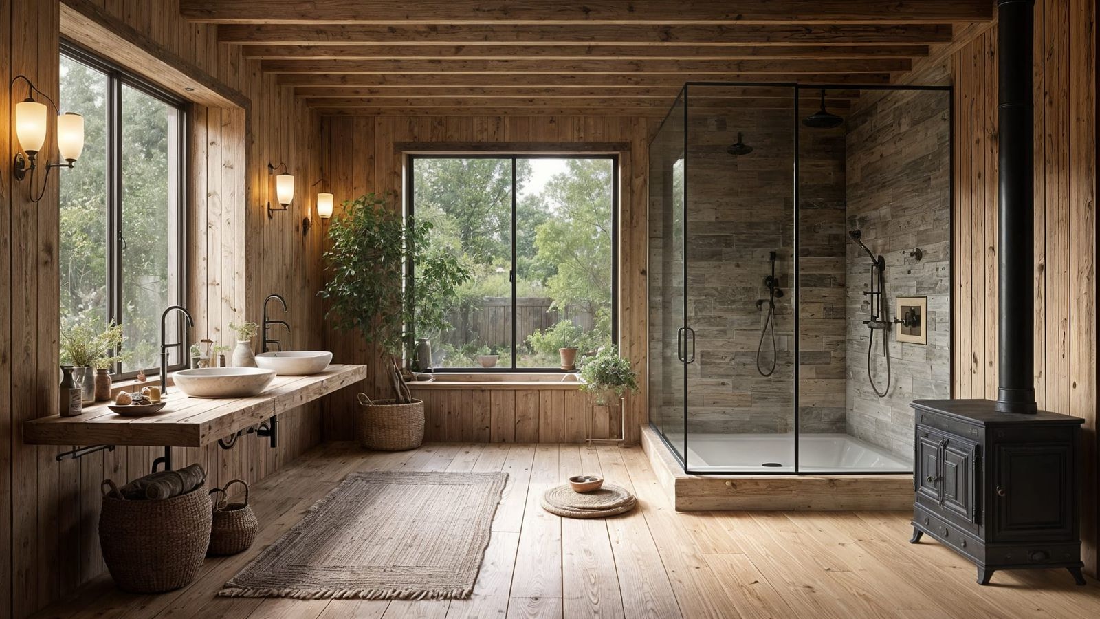 Rustic Bathroom with Garden View in 4K