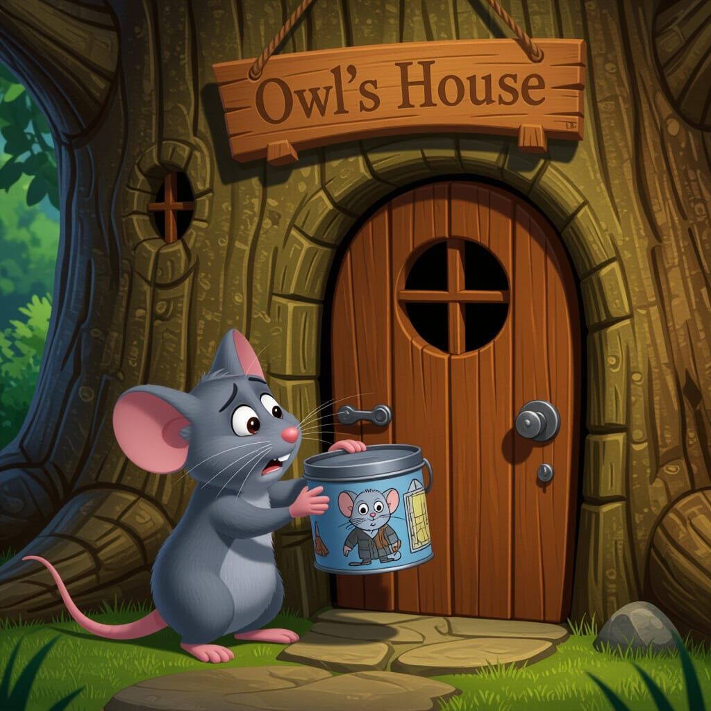 Worried Mouse at Owl's Door: Pixar-Style 3D Art
