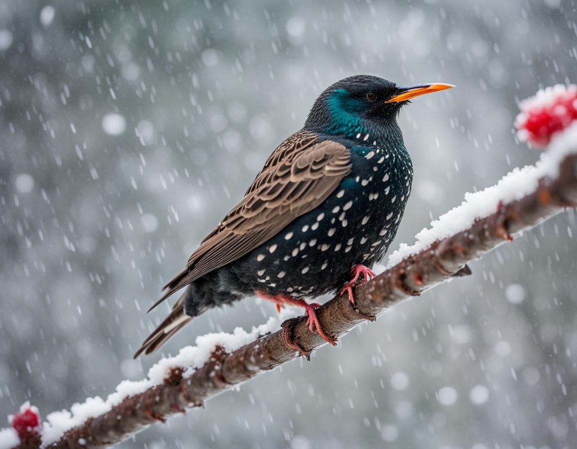 Starling in Snowstorm: Professional Wildlife Photography