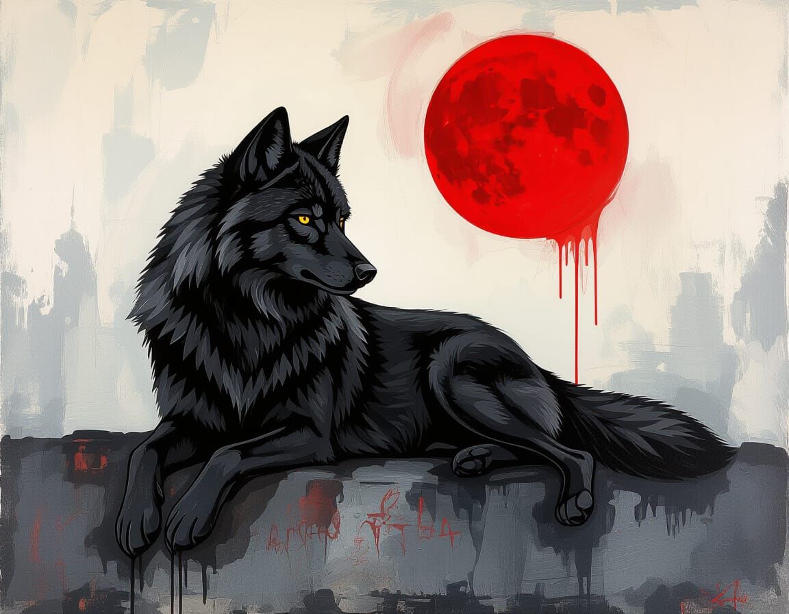 Black Wolf Under Crimson Moon in Charcoal and Matte Paint