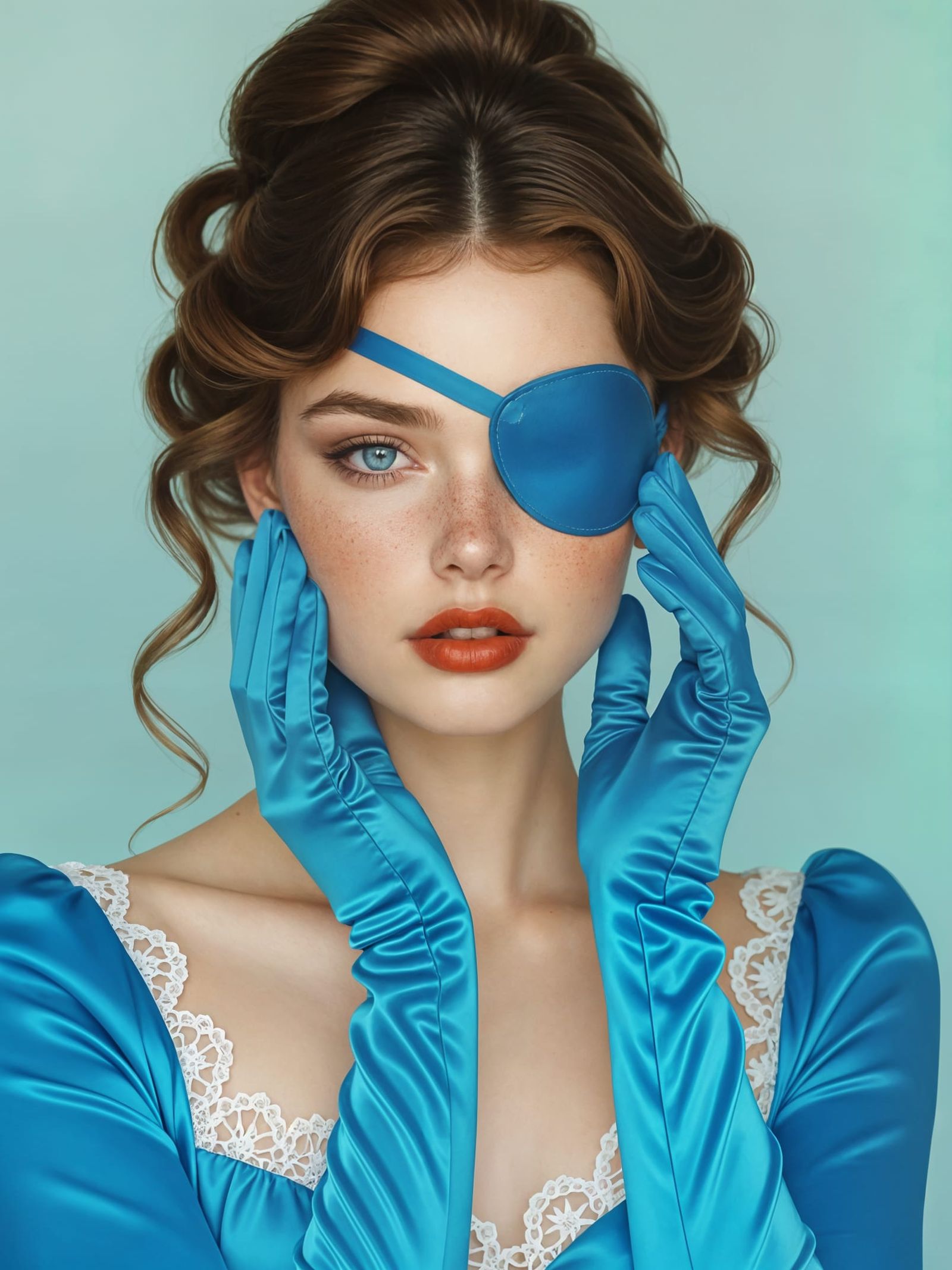 Gorgeous Woman in Azure Blue Outfit with Eyepatch